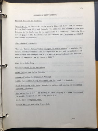 The Group Handbook (1983 vinyl binder with lots of brochures, AA Service Manual, Eastern United States A. A. Directory for 1984, etc.)