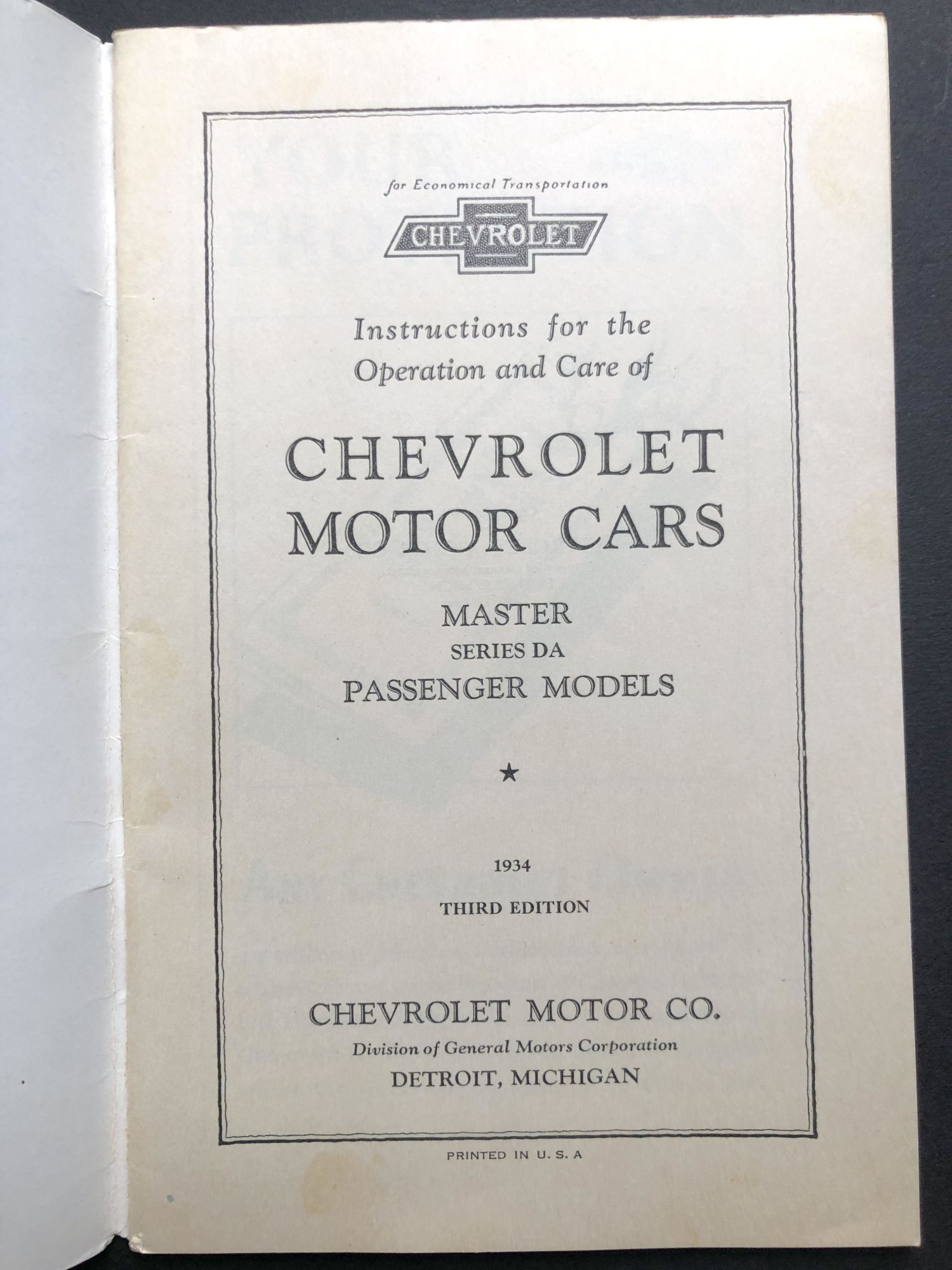 1934 Instructions for the Operation and Care of Chevrolet Motor Cards ...