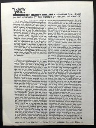 Item #H37605 "I defy you," 1962 broadside reprinting Miller's polemic from Playboy. Henry Miller