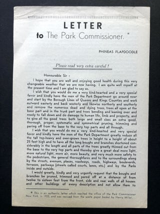 Item #H37613 Letter to the Park Commissioner (1937). Henry Miller, "Phineas Flapdoodle"