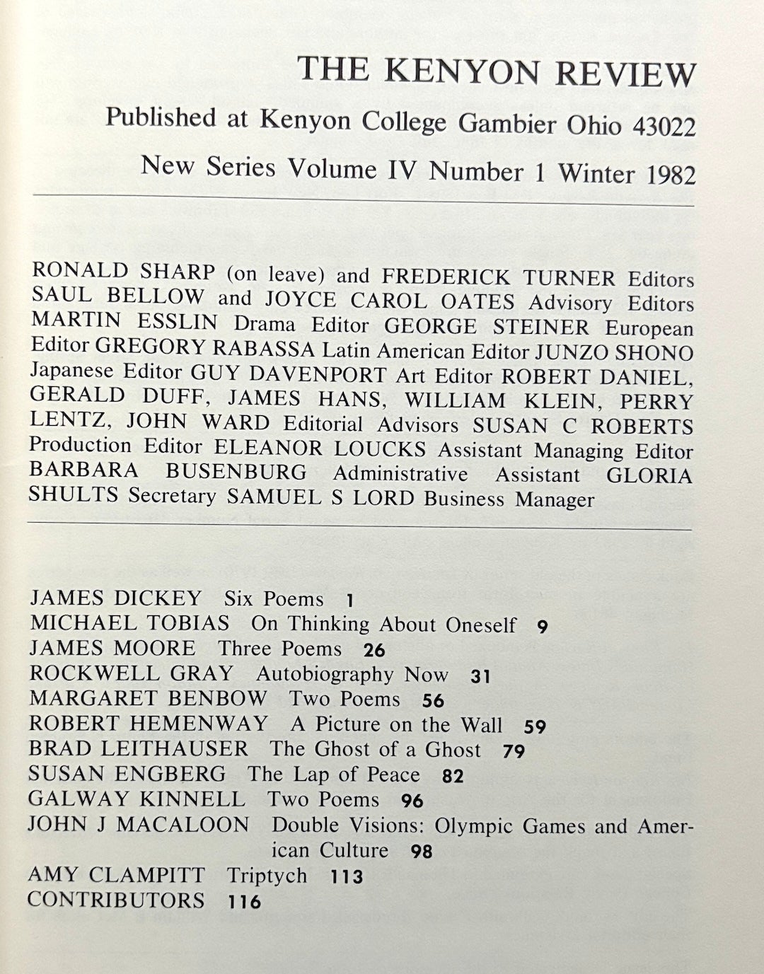 The Kenyon Review, Winter 1982 inscribed to Matthew Bruccoli from James ...