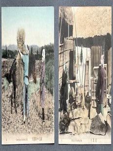 Ca. 1905-1910 The Rice Industry of Japan, 10 postcards hand colored, in envelope