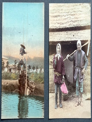 9 hand colored postcards of Japan working and urban scenes, early 1900s