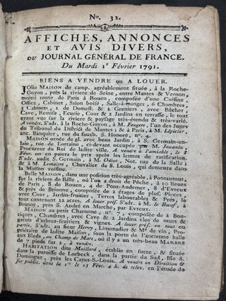 Bound volume: Affiches, Annonces et Avis Divers, 1-28 Fevrier 1791, Nos. 32-59, ou Journal General de France