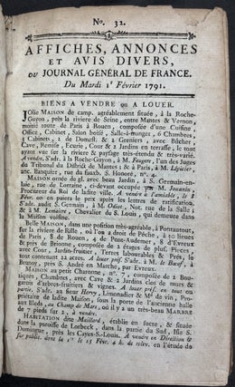 Bound volume: Affiches, Annonces et Avis Divers, 1-28 Fevrier 1791, Nos. 32-59, ou Journal General de France