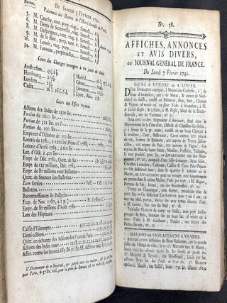 Bound volume: Affiches, Annonces et Avis Divers, 1-28 Fevrier 1791, Nos. 32-59, ou Journal General de France