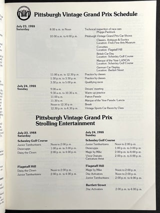 11 souvenir programs from Pittsburgh Vintage Grand Prix, Schenley Park, 1985-1999