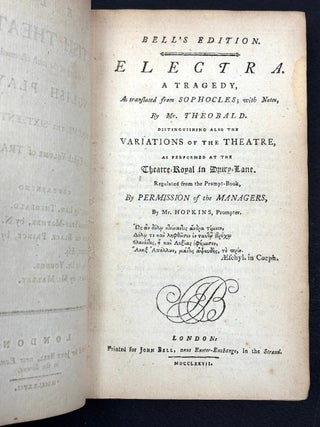 Bell's British Theatre: Tragedies (1777): Electra (Sophocles; Mr. Theobald), The Ambitious Step-Mother (Rowe), Edward the Black Prince (Shirley), Busiris King of Egypt (Young), Eurydice (Mallet)