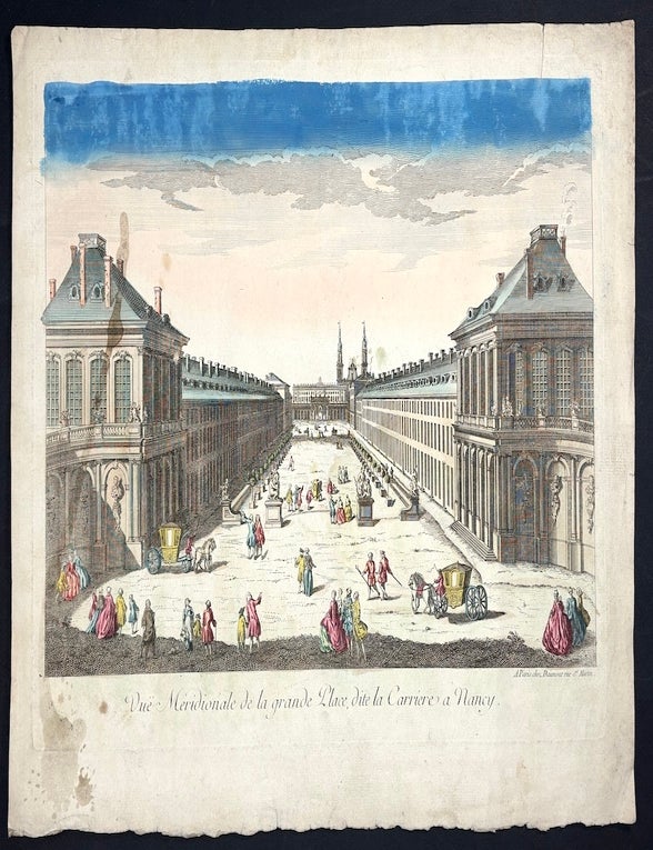 Item #H41702 4 Vues D'Optique ca. 1780s: Vue Meridionale de la grande Place, dite la Carriere a Nancy; Vue Perspective du Palais du Duc d'Aveiro a Lisbonne; Pont du Diable, St. Gotthard Switzerland; Hospice du St. Bernard, Switzerland