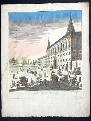 4 Vues D'Optique ca. 1780s: Vue Meridionale de la grande Place, dite la Carriere a Nancy; Vue Perspective du Palais du Duc d'Aveiro a Lisbonne; Pont du Diable, St. Gotthard Switzerland; Hospice du St. Bernard, Switzerland