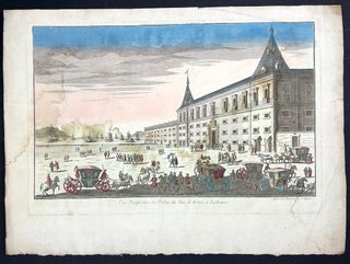 4 Vues D'Optique ca. 1780s: Vue Meridionale de la grande Place, dite la Carriere a Nancy; Vue Perspective du Palais du Duc d'Aveiro a Lisbonne; Pont du Diable, St. Gotthard Switzerland; Hospice du St. Bernard, Switzerland