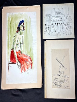 Group of 33 pen & ink sketches, watercolors, nudes, etc. ca. 1947 Antwerp. Phil May Kurman.