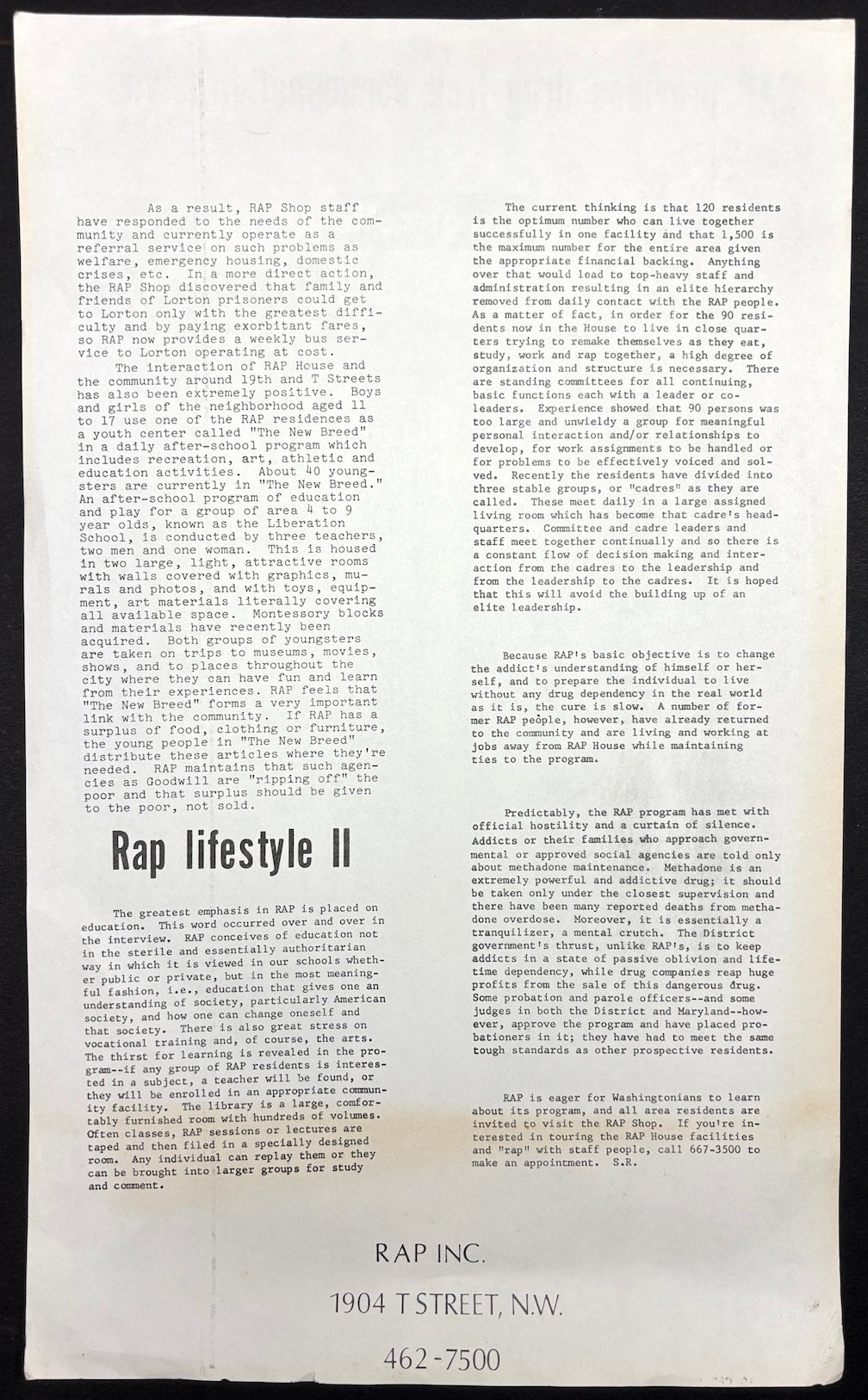 Rap Program 1972 flyer advertising RAP, a self-help drug-free residential program ...