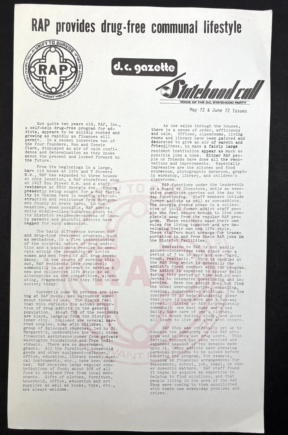 Rap Program 1972 flyer advertising RAP, a self-help drug-free residential program ...
