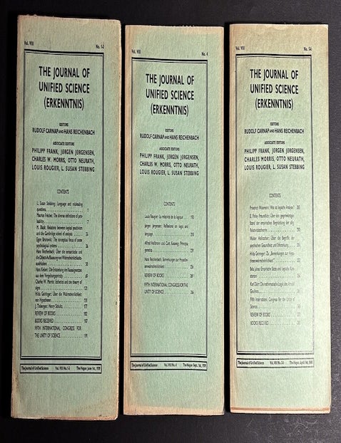 Item #h46439 The Journal of Unified Science (Erkenntnis), 1939-1940, Vol. VIII, nos. 1-3; 4; 5-6 (complete final volume of the first series). Rudolf Carnap, eds Hans Reichenbach.