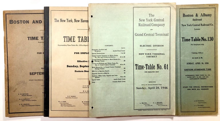 Item #s00015307 Collection of 4 East Coast Railroad Time Tables, dated 1936 - 1952--Boston & Albany Railroad New York Central Railroad Co. Time Table no. 130, Taking Effect at 2:01 A.M. Sunday, April 26, 1936; The New York Central Railroad Company and Grand Central Terminal, New York Terminal District, Time-Table no. 61, Effective 2:00 A.M. Sunday, April 28, 1946; Boston and Maine Railroad, Time Table no. 45, Effective 12:01 A.M. Sunday, September 28, 1947; The New York, New Haven and Hartford Railroad Co., Time Table no. 176, Effective 2:01 A.M. Sunday, September 28, 1952. J. B. Hammill, Boston, Albany Railroad, L. Relyea, The New York Central Railroad Company, Boston and Maine Railroad, New Haven The New York, Hartford Railroad Co, Maine Railroad.