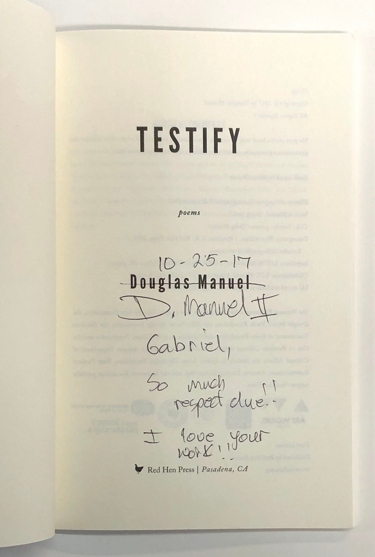 Testify Book Testify inscribed by Manuel | Douglas Manuel | First Edition