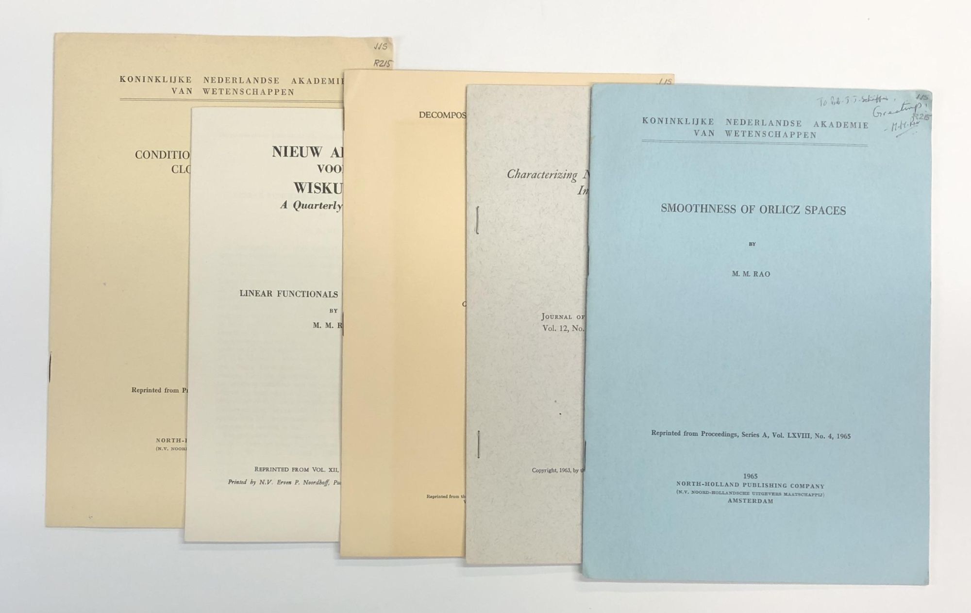 M M Rao Collection of 5 Offprints on Mathematical Subjects, 1963-1965 inscribed ...