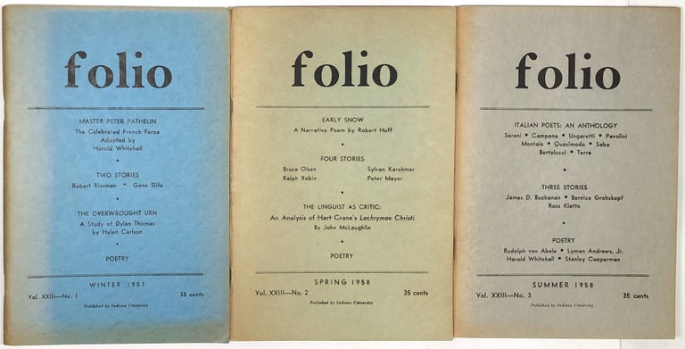 Item #s0008693 Folio; Collection of 3 early issues; Winter 1957 (Vol. XXIII, No. 1), Spring 1958 (Vol. XXIII, No. 2), and Summer 1958 (Vo. XXIII, No. 3). Stanley Cooperman, Nelson J. Smith III, Robert Bierman, Gene Slife, Robert Huff, Paul Zweig, Eugenio Montale, Et. Al.