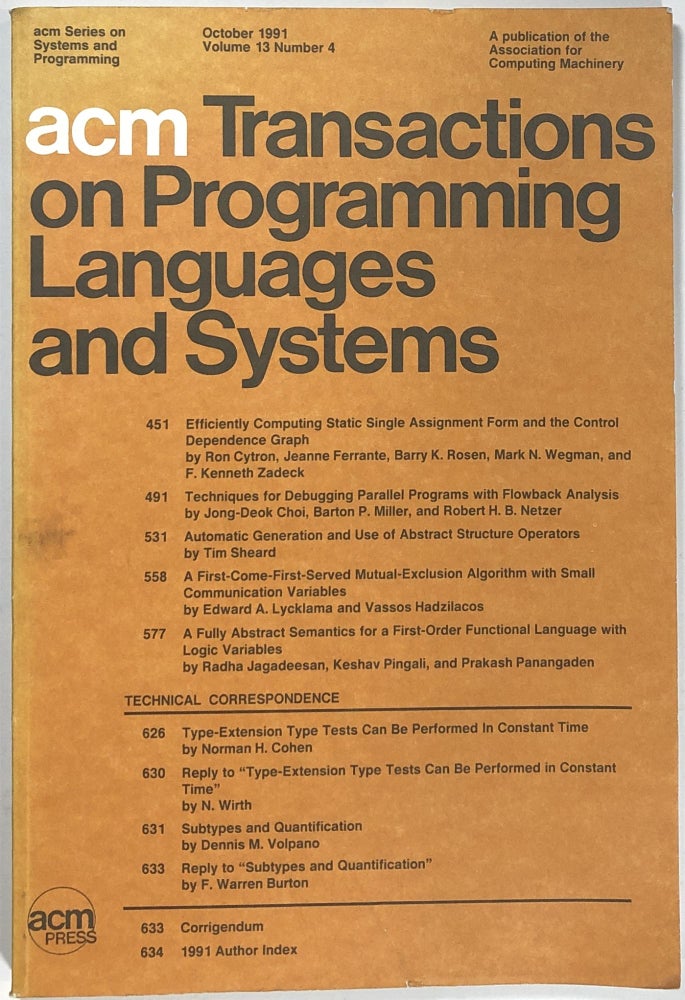 Item #s0009356 ACM Transactions on Programming Languages and Systems; Vol. 13, No. 4, October 1991. Susan L. Graham, Ron Cytron, Et. Al.