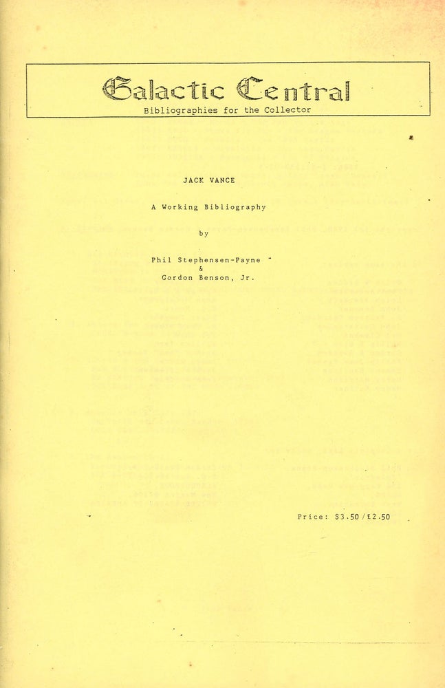 Item #z010160 Jack Vance: A Working Bibliography. Jack Vance, Phil Stephensen-Payne, Gordon Benson Jr.