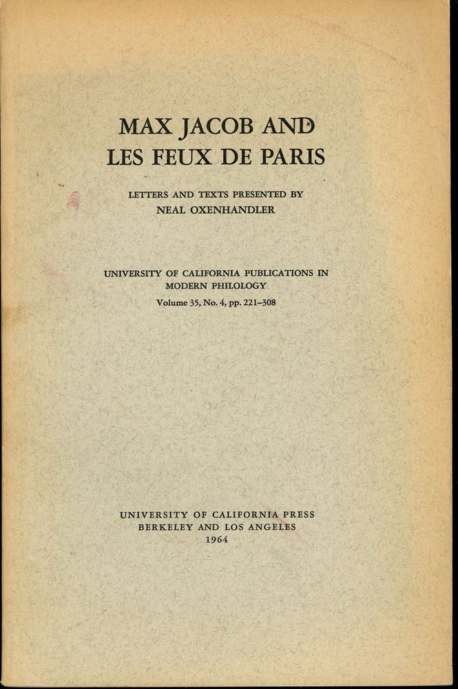 Item #z011132 Max Jacob and Les Feux de Paris (University of California Publications in Modern Philology). Max Jacob, Neal Oxenhandler.