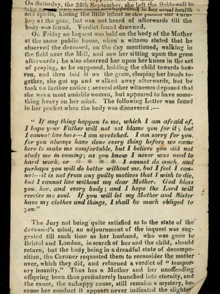 Dreadful Self-Destruction of a Mother and Her Own Child, by Plunging Herself with Her Infant, About Ten Months Old, Into the Canal, Near Swann's Mill, Leicester, on Saturday, Sept. 25, 1830