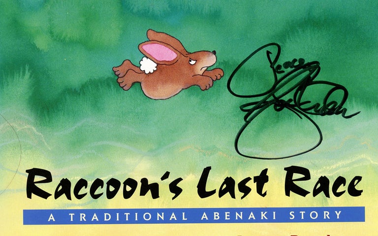 Item #z011945 Raccoon's Last Race, A Traditional Abenaki Story, Signed by Joseph Bruchac. Joseph Bruchac, James, Ariane Dewey Jose Aruego, Illust.