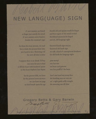 Item #z012709 New Lang(uage) Sign Broadside, Signed by Gregory Betts and Gary Barwin. Gregory...