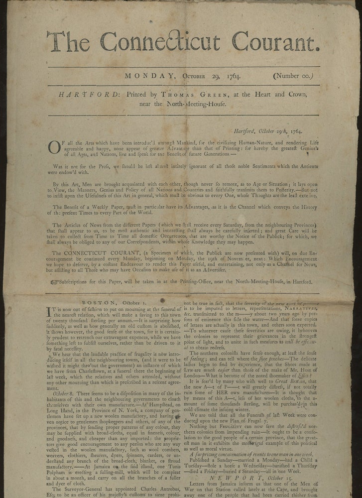 Item #z012825 The Connecticut Courant, Number 00, Monday, October 29, 1764. Thomas Green.