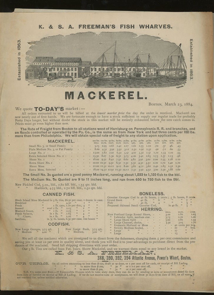 Item #z012829 2 Copies of the March 23, 1884 Price List for K. & S. A. Freeman's Fish Wharves, Boston. K., S. A. Freeman.