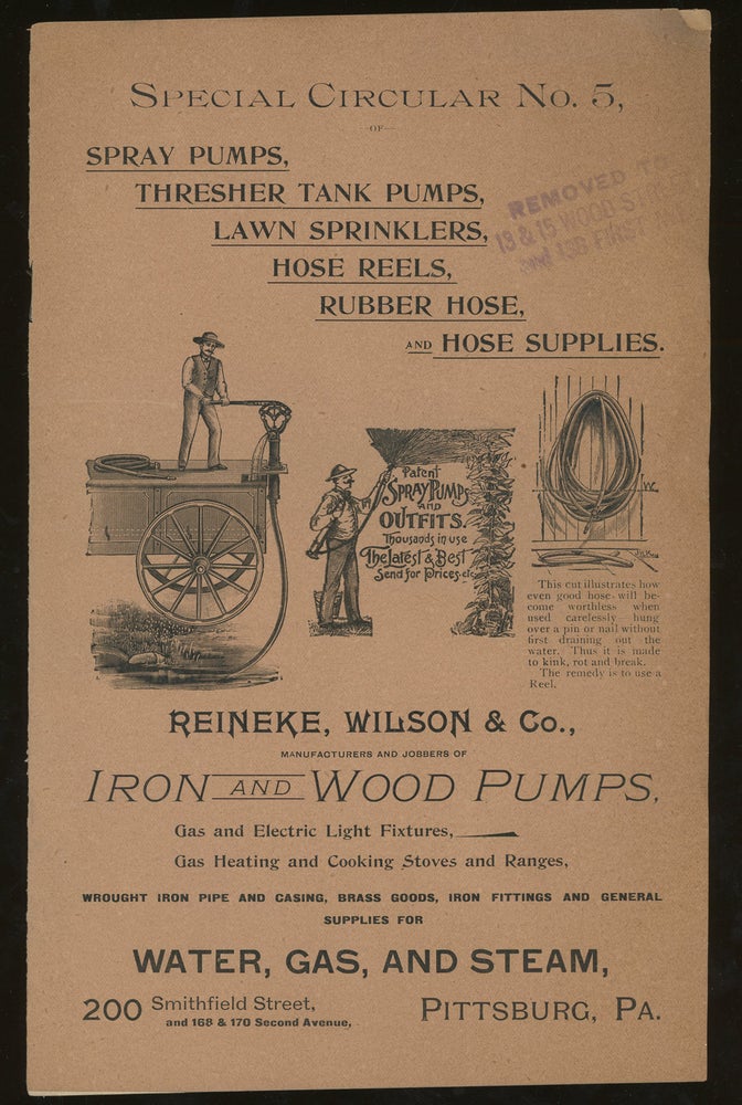 Item #z012858 Reineke, Wilson, & Co. Manufacturers and Jobbers of Iron and Wood Pumps, Gas and Electric Light Fixtures, Gas Heating and Cooking Stoves and Ranges, Wrought Iron Pipe and Casing, Brass Goods, Iron Fittings and General Supplies For Water, Gas, and Steam, Special Circular No. 5. Wilson Reineke, Co.