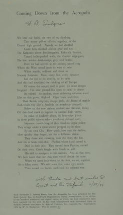 Item #z013147 Coming Down From the Acropolis, Framed Broadside INSCRIBED by W. D. Snodgrass to...