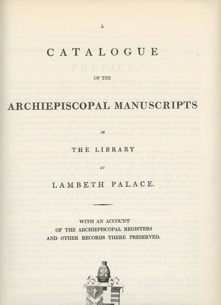 Item #z014241 A Catalogue of the Archiepiscopal Manuscripts In The Library at Lambeth Palace, With An Account of the Archiepiscopal Registers and Other Records There Preserved. Henry J. Todd.