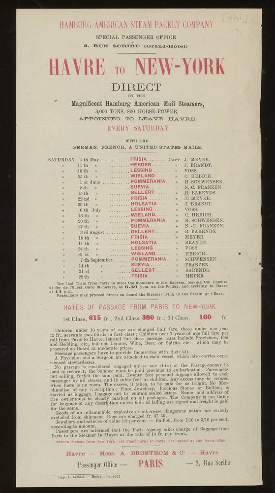 Item #z014567 Hamburg-American Steam Packet Company Rates of Passage and Sailing Schedule, Havre to New York. Hamburg-American Steam Packet Company.