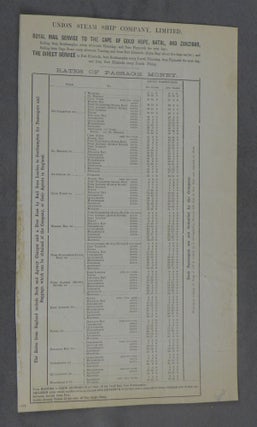 Item #z014574 Union Steam Ship Company Rates of Passage to Africa, 1877. Limited Union Steam Ship...