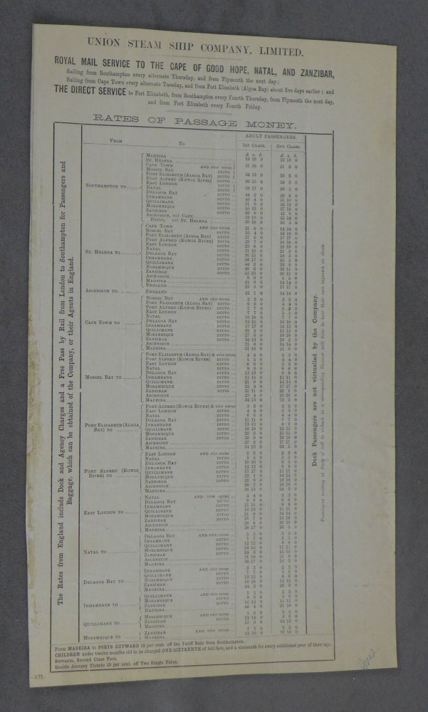 Item #z014574 Union Steam Ship Company Rates of Passage to Africa, 1877. Limited Union Steam Ship Company.
