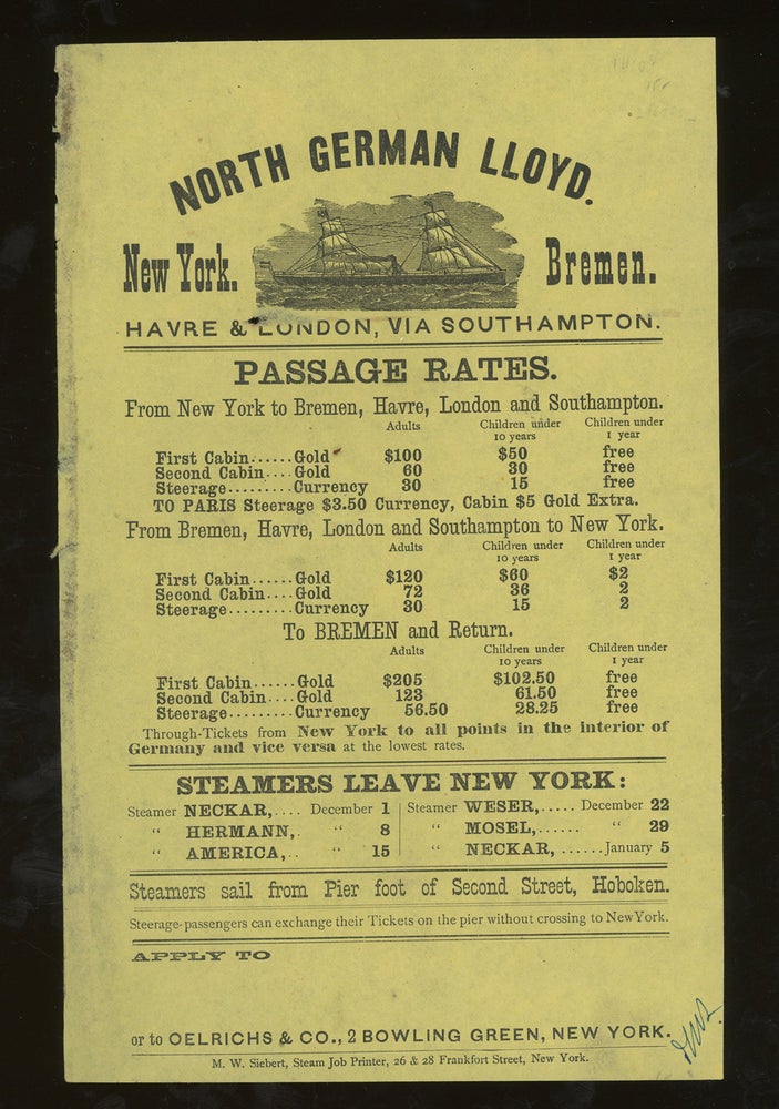 Item #z014583 North German Lloyd Sailing Schedule and Rates of Passage, New York to Bremen. North German Lloyd.