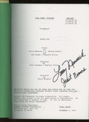 Item #z015415 Star Trek: Voyager "Prophecy" Script, SIGNED by Larry and Janet Nemeck. Larry...