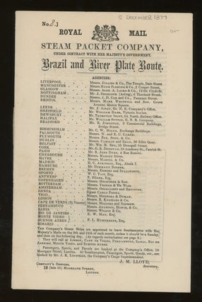 Royal Mail Steam Packet Company Handbook, Sailing Schedule, Rates of Passage, Brazil and River Plate Route, 1877, With Letter of Transmittal on Agency For The Royal Mail Steamers Letterhead