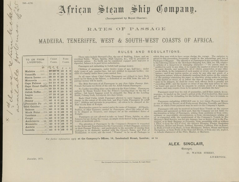 Item #z015552 African Steam Ship Company Rates of Passage to Madeira, Teneriffe, West and South- West Coasts of Africa, December, 1875, With Letter of Transmittal on African Steam Ship Company Letterhead. African Steam Ship Company.