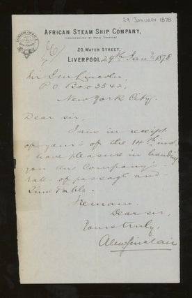 African Steam Ship Company Rates of Passage to Madeira, Teneriffe, West and South- West Coasts of Africa, December, 1875, With Letter of Transmittal on African Steam Ship Company Letterhead