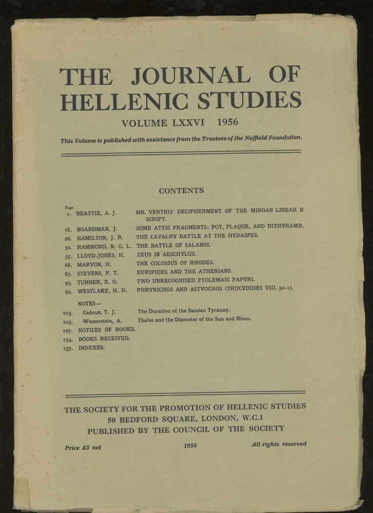 Item #z015647 The Journal of Hellenic Studies, Volume LXXVI, 1956. A. J. Beattie, H. Maryon J. Boardman, H. Lloyd Jones.