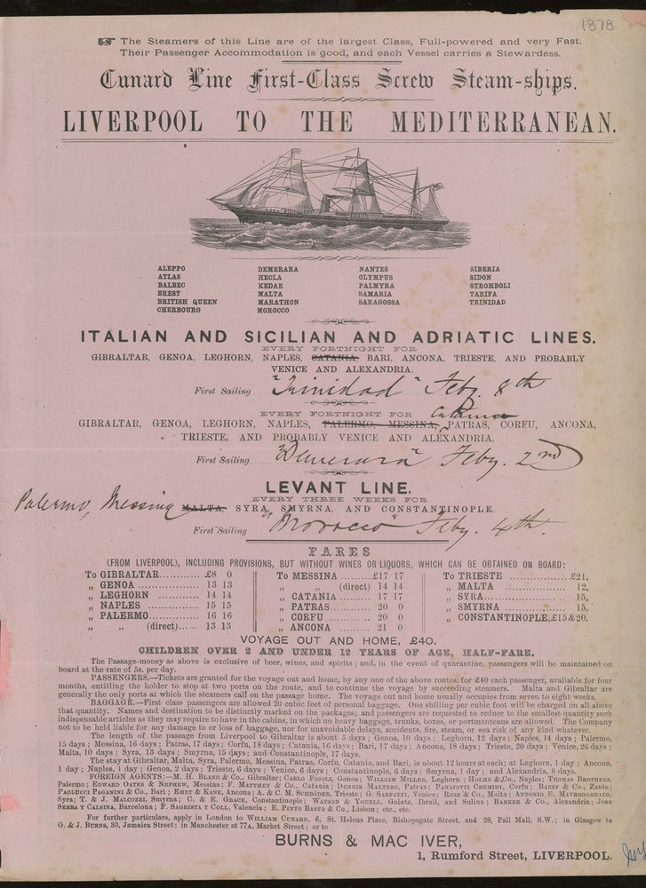Item #z015694 Cunard Line Sailing Schedule and Rates of Passage, Italian and Sicilian and Adriatic Lines, With Letter of Transmittal on Burns and Mac Iver Letterhead. Burns, Mac Iver.