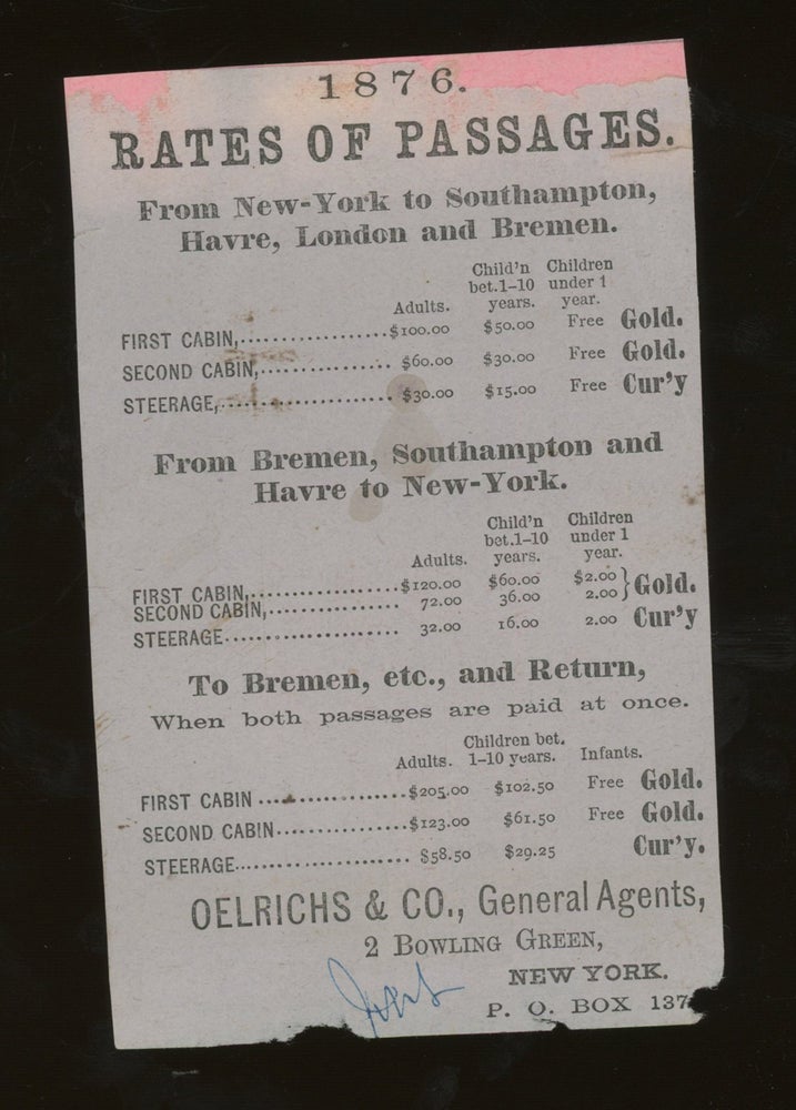 Item #z015705 North German Lloyd Steamship Co. Rates of Passage Card From New York to Southampton, Havre, London, and Bremen, 1876. North German Lloyd Steamship Co.