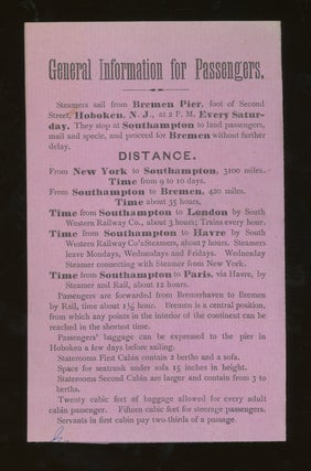 North German Lloyd Steamship Co. Rates of Passage From New York to Southampton, Havre, London, and Bremen, 1877
