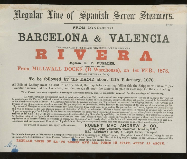 Item #z015710 Robert Mac Andrew and Co. Regular Line of Spanish Screw Steamers, Sailing Announcement for the Steamer 'Rivera' From London to Barcelona and Valencia, 1878. Robert Mac Andrew and Co.