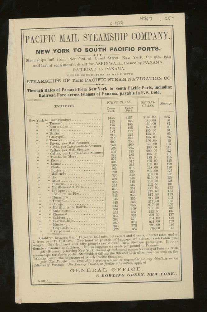 Item #z015719 Pacific Mail Steamship Company Rates of Passage and Map of Routes from New York to South Pacific Ports, c. 1877. Pacific Mail Steamship Company.