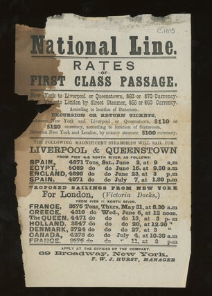Item #z015733 National Steamship Line Rates of First Class Passage, New York to England, Spain,...