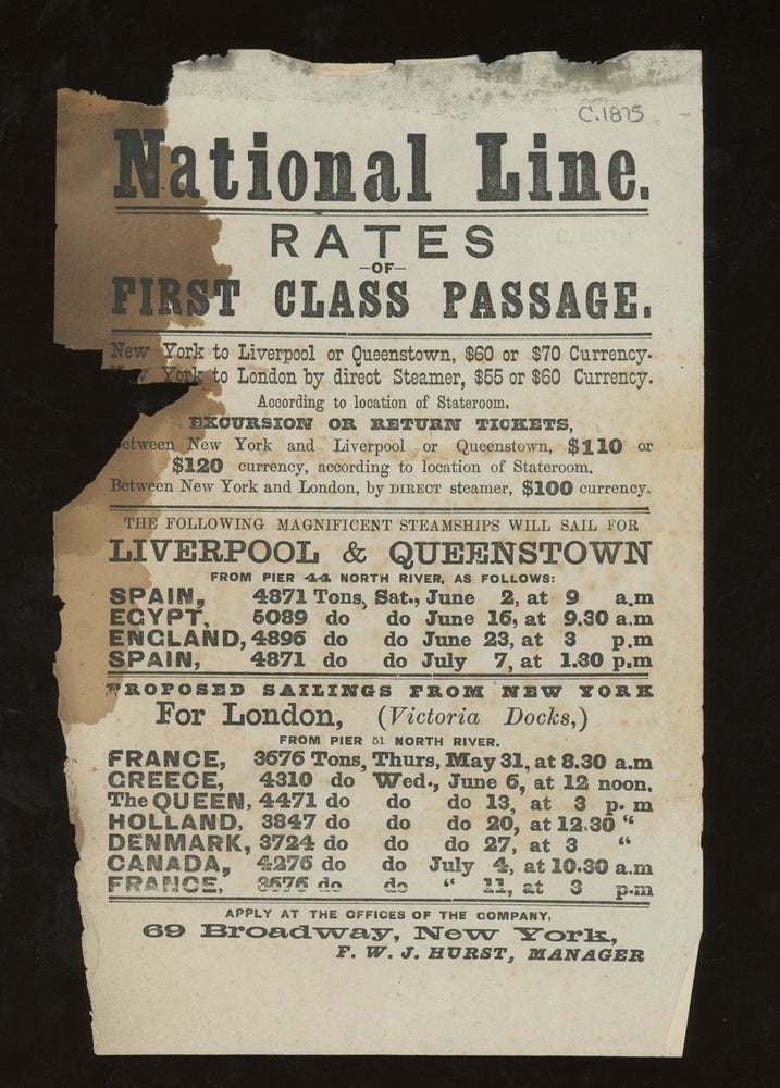 Item #z015733 National Steamship Line Rates of First Class Passage, New York to England, Spain, Holland, Denmark, France, Egypt, &c. c. 1875. National Line.
